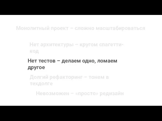 Монолитный проект – сложно масштабироваться Нет архитектуры – кругом спагетти-код Долгий рефакторинг