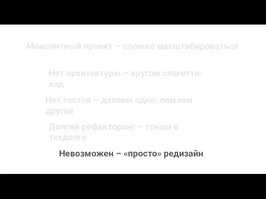 Монолитный проект – сложно масштабироваться Нет архитектуры – кругом спагетти-код Долгий рефакторинг