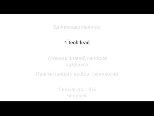 Единомышленники 1 tech lead Прагматичный выбор технологий Уровень знаний не ниже среднего