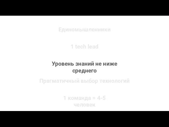 Единомышленники 1 tech lead Прагматичный выбор технологий Уровень знаний не ниже среднего