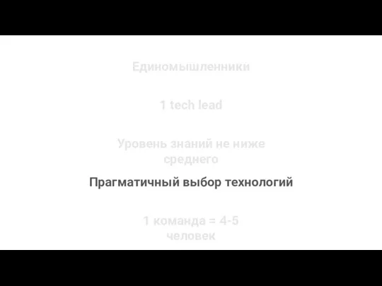 Единомышленники 1 tech lead Прагматичный выбор технологий Уровень знаний не ниже среднего