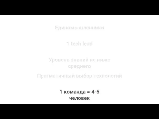 Единомышленники 1 tech lead Прагматичный выбор технологий Уровень знаний не ниже среднего