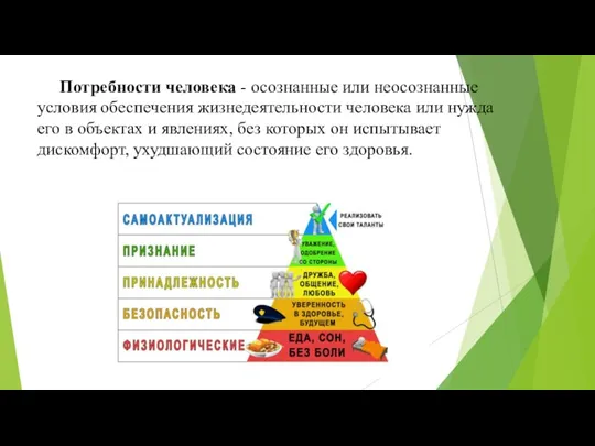 Потребности человека - осознанные или неосознанные условия обеспечения жизнедеятельности человека или нужда