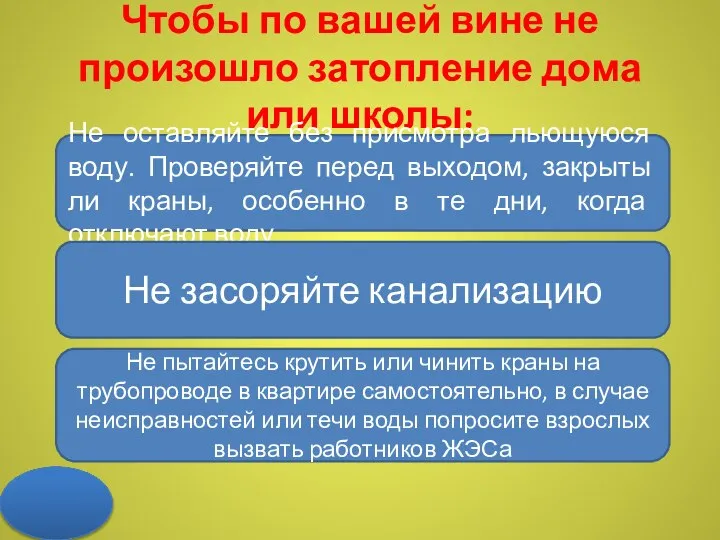 Чтобы по вашей вине не произошло затопление дома или школы: Не оставляйте