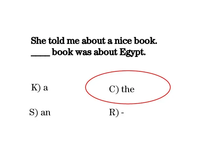 She told me about a nice book. ____ book was about Egypt.