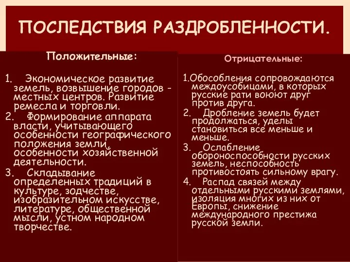 ПОСЛЕДСТВИЯ РАЗДРОБЛЕННОСТИ. Положительные: 1. Экономическое развитие земель, возвышение городов - местных центров.