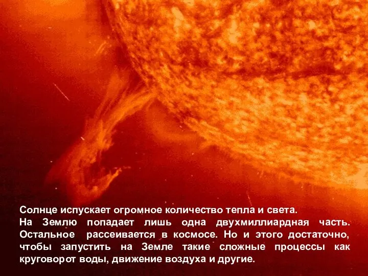 Солнце испускает огромное количество тепла и света. На Землю попадает лишь одна