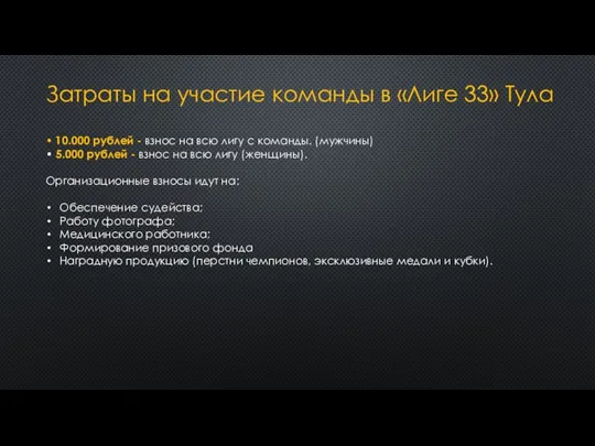 Затраты на участие команды в «Лиге 33» Тула • 10.000 рублей -