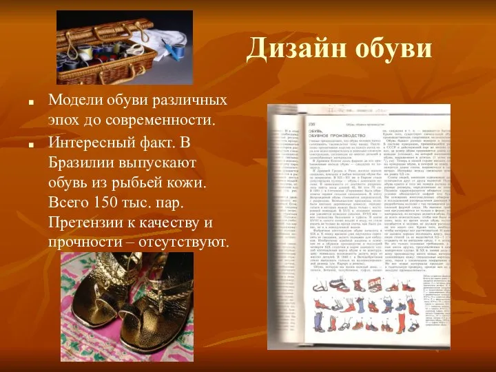 Дизайн обуви Модели обуви различных эпох до современности. Интересный факт. В Бразилии