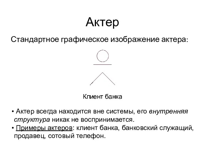 Актер Стандартное графическое изображение актера: Актер всегда находится вне системы, его внутренняя