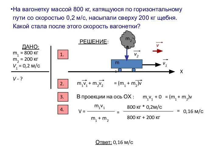 На вагонетку массой 800 кг, катящуюся по горизонтальному пути со скоростью 0,2