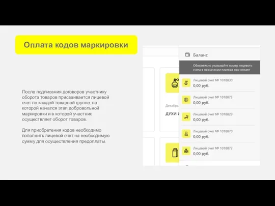 Оплата кодов маркировки После подписания договоров участнику оборота товаров присваивается лицевой счет