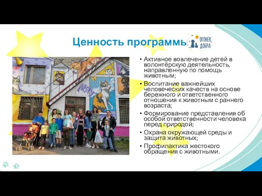 Ценность программы Активное вовлечение детей в волонтёрскую деятельность, направленную по помощь животным;