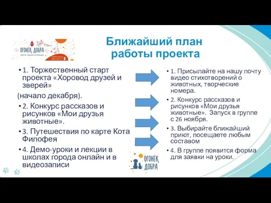 Ближайший план работы проекта 1. Торжественный старт проекта «Хоровод друзей и зверей»