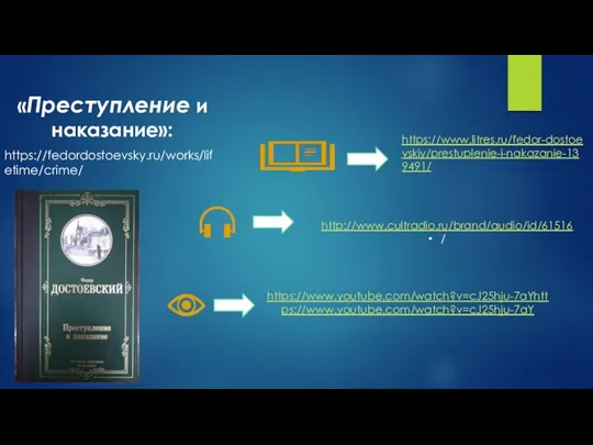 «Преступление и наказание»: https://fedordostoevsky.ru/works/lifetime/crime/ https://www.litres.ru/fedor-dostoevskiy/prestuplenie-i-nakazanie-139491/ http://www.cultradio.ru/brand/audio/id/61516 / https://www.youtube.com/watch?v=cJ25hju-7aYhttps://www.youtube.com/watch?v=cJ25hju-7aY