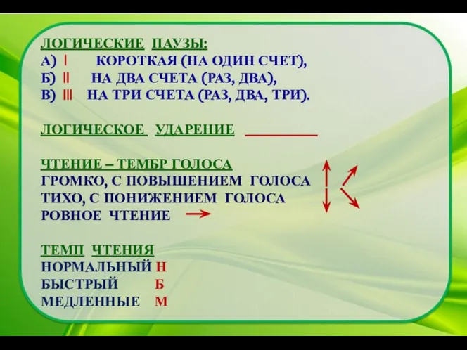 ЛОГИЧЕСКИЕ ПАУЗЫ: А) | КОРОТКАЯ (НА ОДИН СЧЕТ), Б) || НА ДВА