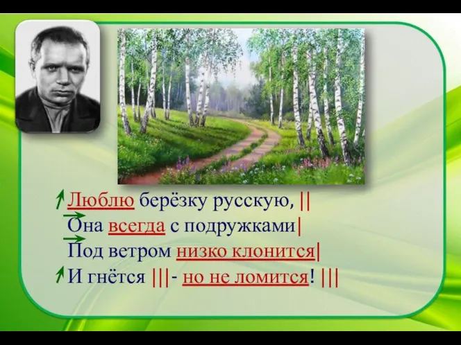 Люблю берёзку русскую, || Она всегда с подружками| Под ветром низко клонится|