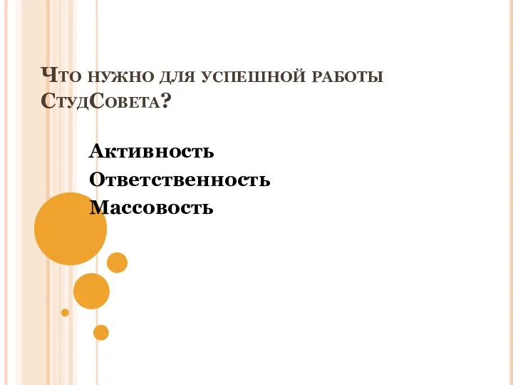 Что нужно для успешной работы СтудСовета? Активность Ответственность Массовость