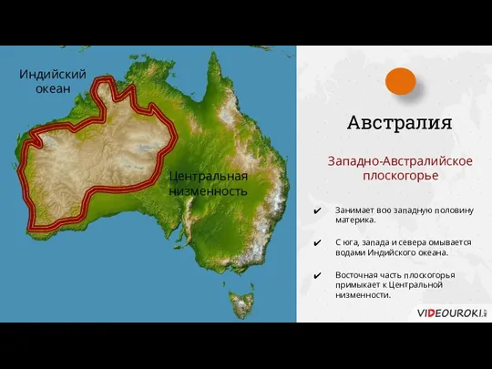 Австралия Западно-Австралийское плоскогорье Занимает всю западную половину материка. С юга, запада и