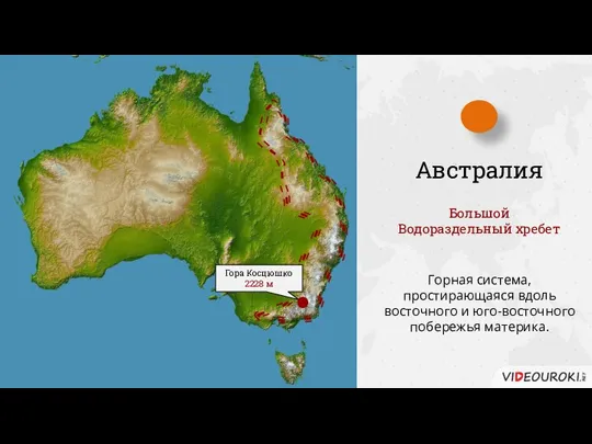 Австралия Горная система, простирающаяся вдоль восточного и юго-восточного побережья материка. Большой Водораздельный