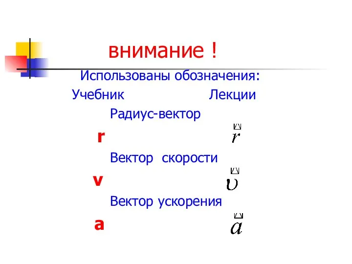 внимание ! Использованы обозначения: Учебник Лекции Радиус-вектор r Вектор скорости v Вектор ускорения а