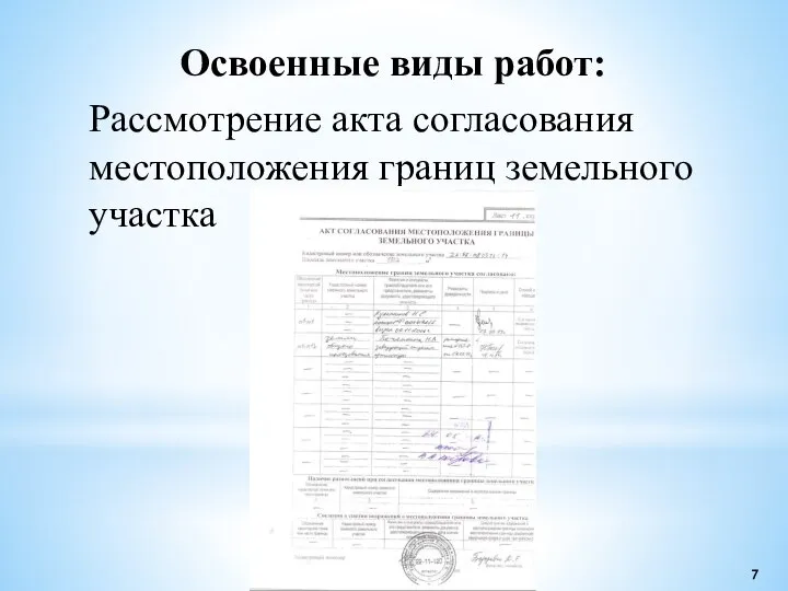 Освоенные виды работ: Рассмотрение акта согласования местоположения границ земельного участка