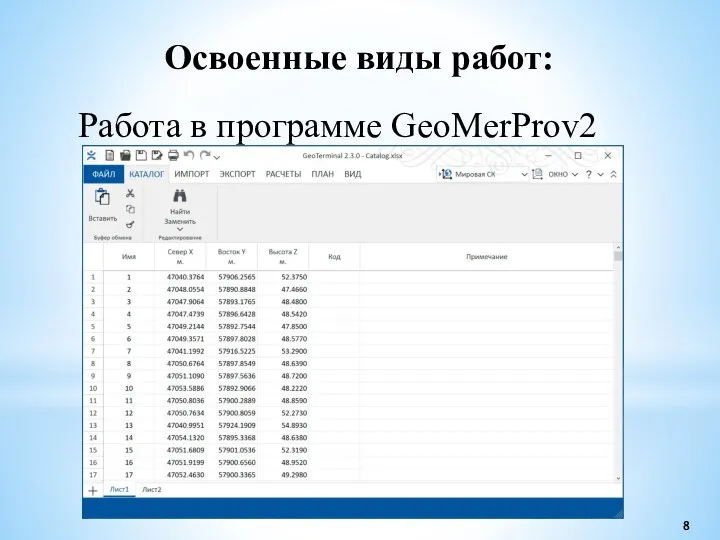 Освоенные виды работ: Работа в программе GeoMerProv2