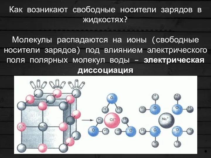 Как возникают свободные носители зарядов в жидкостях? ----------------------------- Молекулы распадаются на ионы