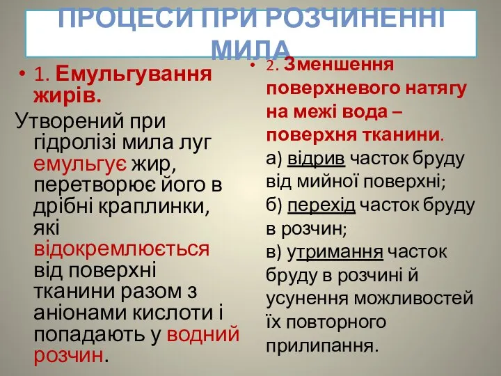 ПРОЦЕСИ ПРИ РОЗЧИНЕННІ МИЛА 1. Емульгування жирів. Утворений при гідролізі мила луг