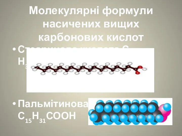 Молекулярні формули насичених вищих карбонових кислот Стеаринова кислота С17 Н35СООН Пальмітинова кислота С15Н31СООН