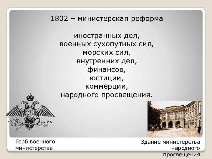 1802 – министерская реформа иностранных дел, военных сухопутных сил, морских сил, внутренних