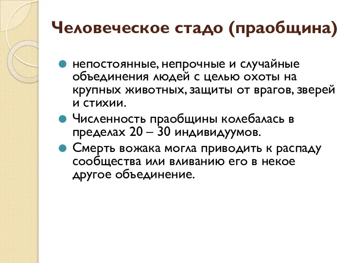 Человеческое стадо (праобщина) непостоянные, непрочные и случайные объединения людей с целью охоты