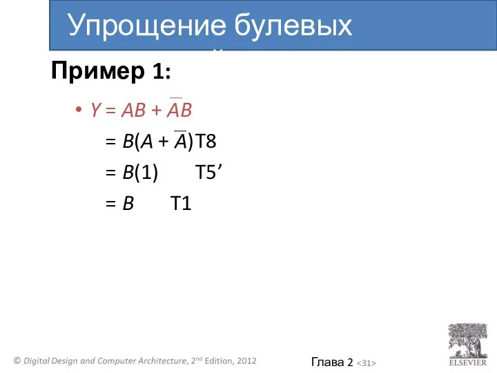 Y = AB + AB = B(A + A) T8 = B(1)