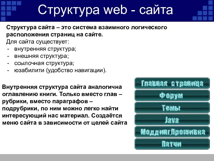 Структура web - сайта Структура сайта – это система взаимного логического расположения
