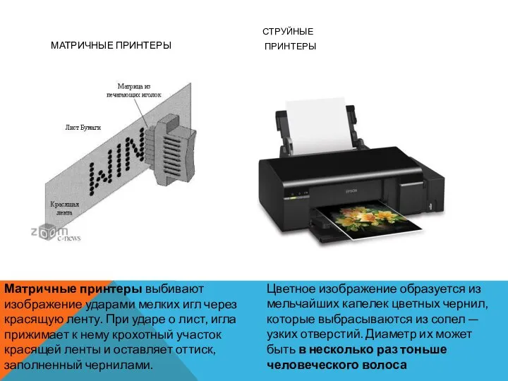 МАТРИЧНЫЕ ПРИНТЕРЫ СТРУЙНЫЕ ПРИНТЕРЫ Матричные принтеры выбивают изображение ударами мелких игл через
