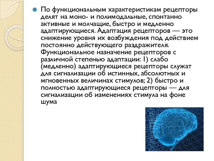 По функциональным характеристикам рецепторы делят на моно- и полимодальные, спонтанно активные и