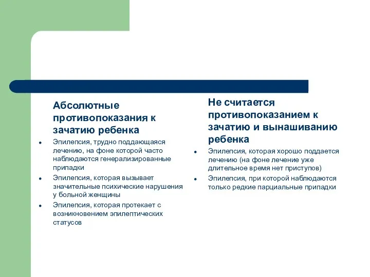 Абсолютные противопоказания к зачатию ребенка Эпилепсия, трудно поддающаяся лечению, на фоне которой