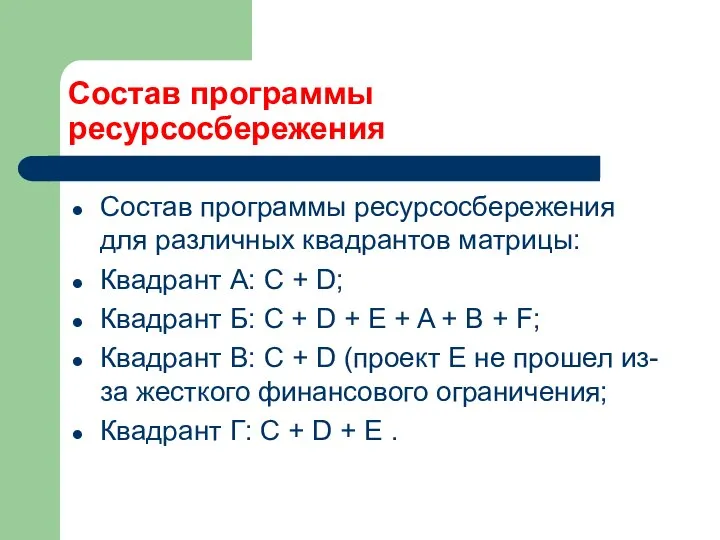 Состав программы ресурсосбережения Состав программы ресурсосбережения для различных квадрантов матрицы: Квадрант А: