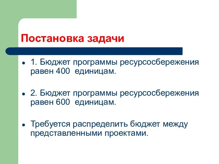 Постановка задачи 1. Бюджет программы ресурсосбережения равен 400 единицам. 2. Бюджет программы