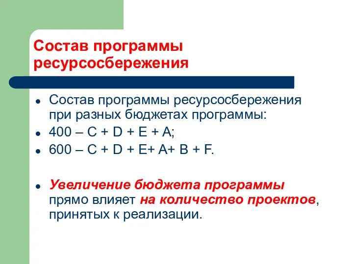 Состав программы ресурсосбережения Состав программы ресурсосбережения при разных бюджетах программы: 400 –