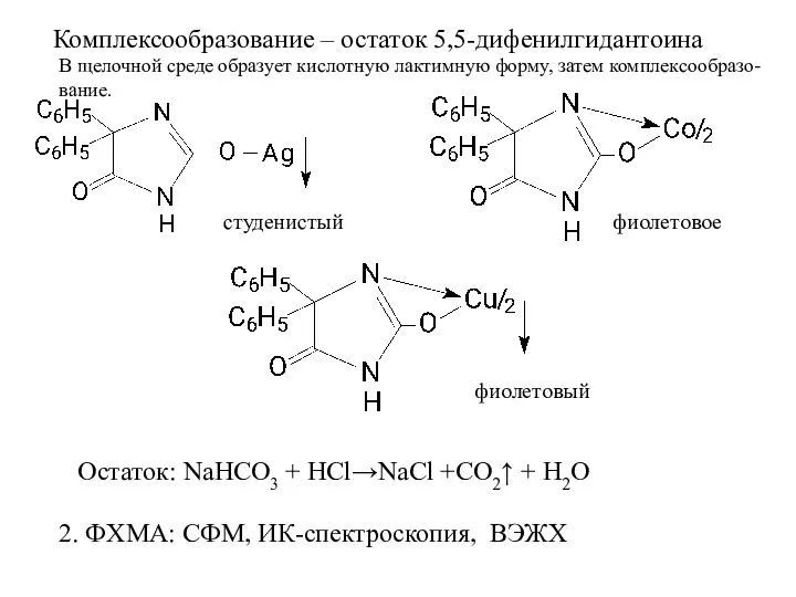 Комплексообразование – остаток 5,5-дифенилгидантоина фиолетовый студенистый фиолетовое Остаток: NaHCO3 + HCl→NaCl +CO2↑