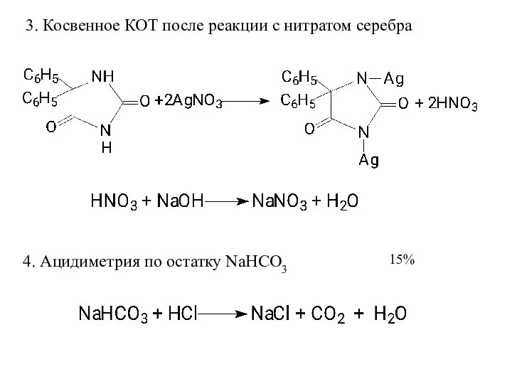 3. Косвенное КОТ после реакции с нитратом серебра 4. Ацидиметрия по остатку NaHCO3 15%