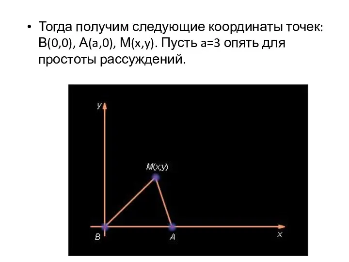 Тогда получим следующие координаты точек: В(0,0), А(a,0), М(x,y). Пусть a=3 опять для простоты рассуждений.