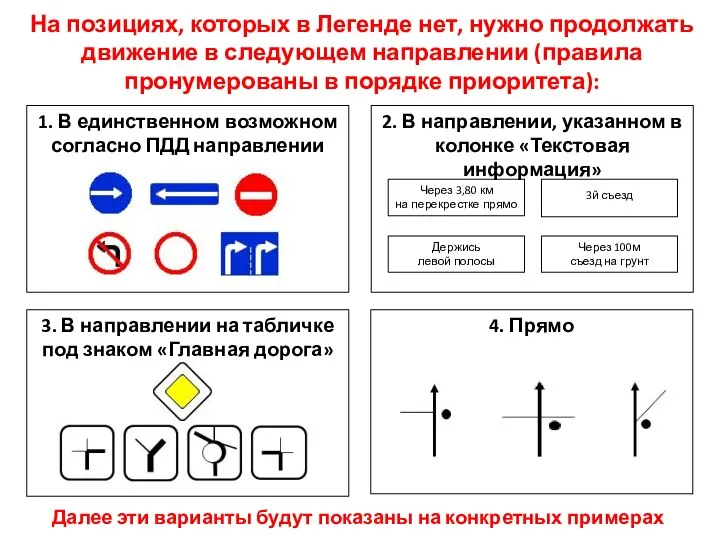 На позициях, которых в Легенде нет, нужно продолжать движение в следующем направлении