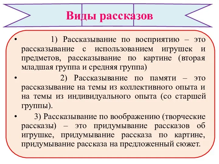 Виды рассказов 1) Рассказывание по восприятию – это рассказывание с использованием игрушек