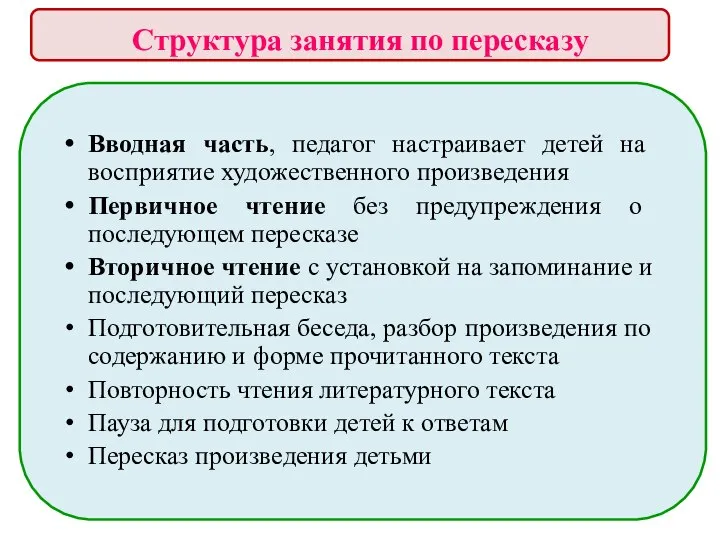 Структура занятия по пересказу Вводная часть, педагог настраивает детей на восприятие художественного