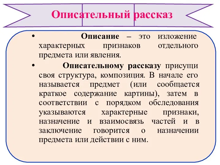 Описательный рассказ Описание – это изложение характерных признаков отдельного предмета или явления.