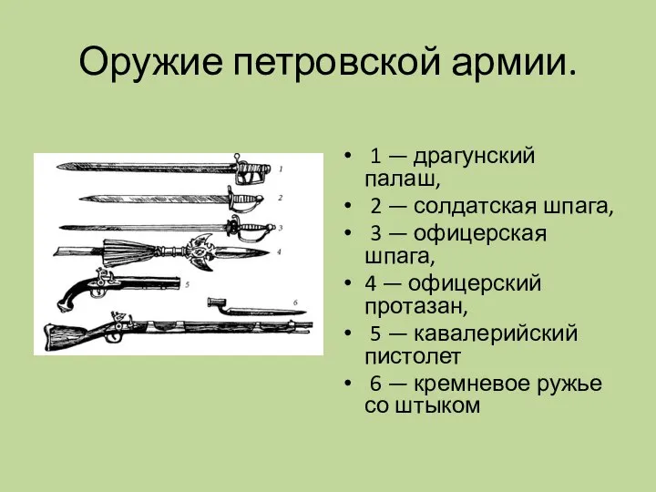 Оружие петровской армии. 1 — драгунский палаш, 2 — солдатская шпага, 3