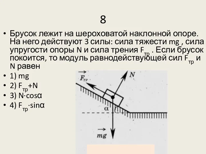 8 Брусок лежит на шероховатой наклонной опоре. На него действуют 3 силы: