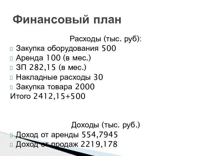 Расходы (тыс. руб): Закупка оборудования 500 Аренда 100 (в мес.) ЗП 282,15